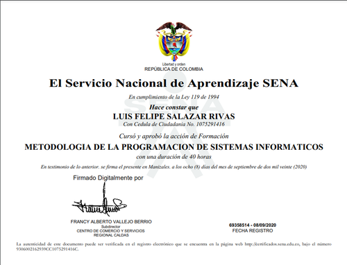 Certificado Metodología de Programación SENA