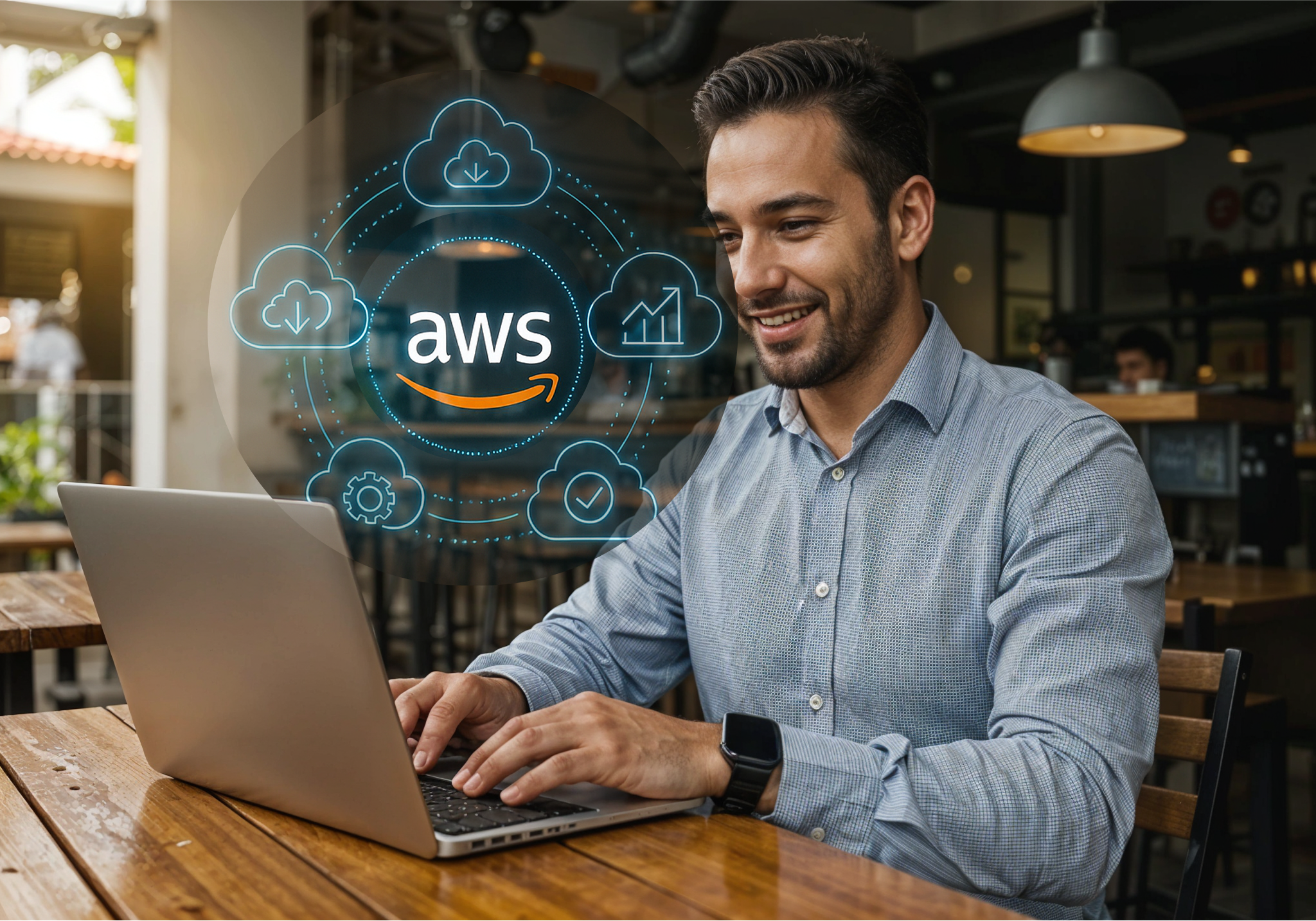 Logo de AWS sobre un fondo azul representando la nube, con logos de PYMES colombianas.