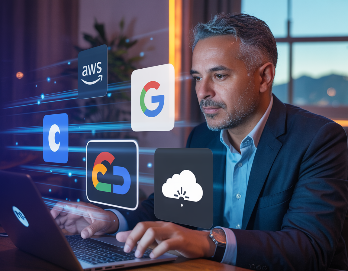 Logo de AWS sobre un fondo azul representando la nube, con logos de PYMES colombianas.